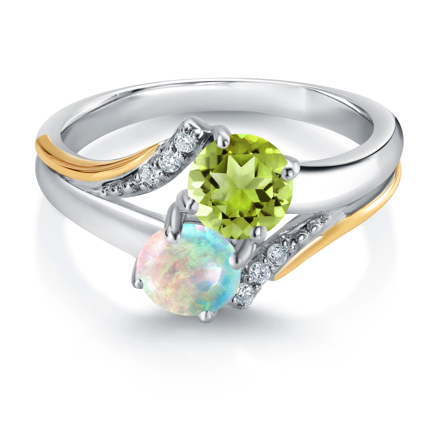 10K Yellow Gold and 925 Silver Simulated White Opal and Green Peridot and White Lab Grown Diamond Accent Engagement Ring for Women (1.08 Cttw, Gemstone October Birthstone, Round Cabochon 5MM, Size 6)