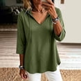 thumbnail image 2 of Women's Plus 3/4 Sleeve Tunic Tops Drawstring Hoodie V Neck Loose Fit Curved Hem Hooded Shirts to Wear with Leggings Fall Casual Outfits, Army Green, L, 2 of 10