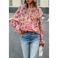 thumbnail image 3 of Floral Round Neck Ruffle Shoulder Shirred Detail Blouse for Women Pink Small, 3 of 5
