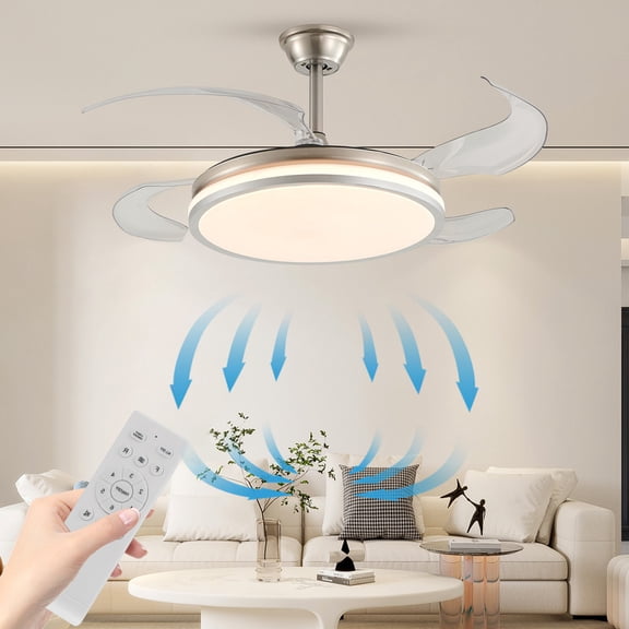 GCGAFUL 41.7" Ceiling Fan with Light and Remote, Modern Nickel Dimmable Chandelier Fan with 6 Speeds, Reversible and Retractable Blades for Bedroom