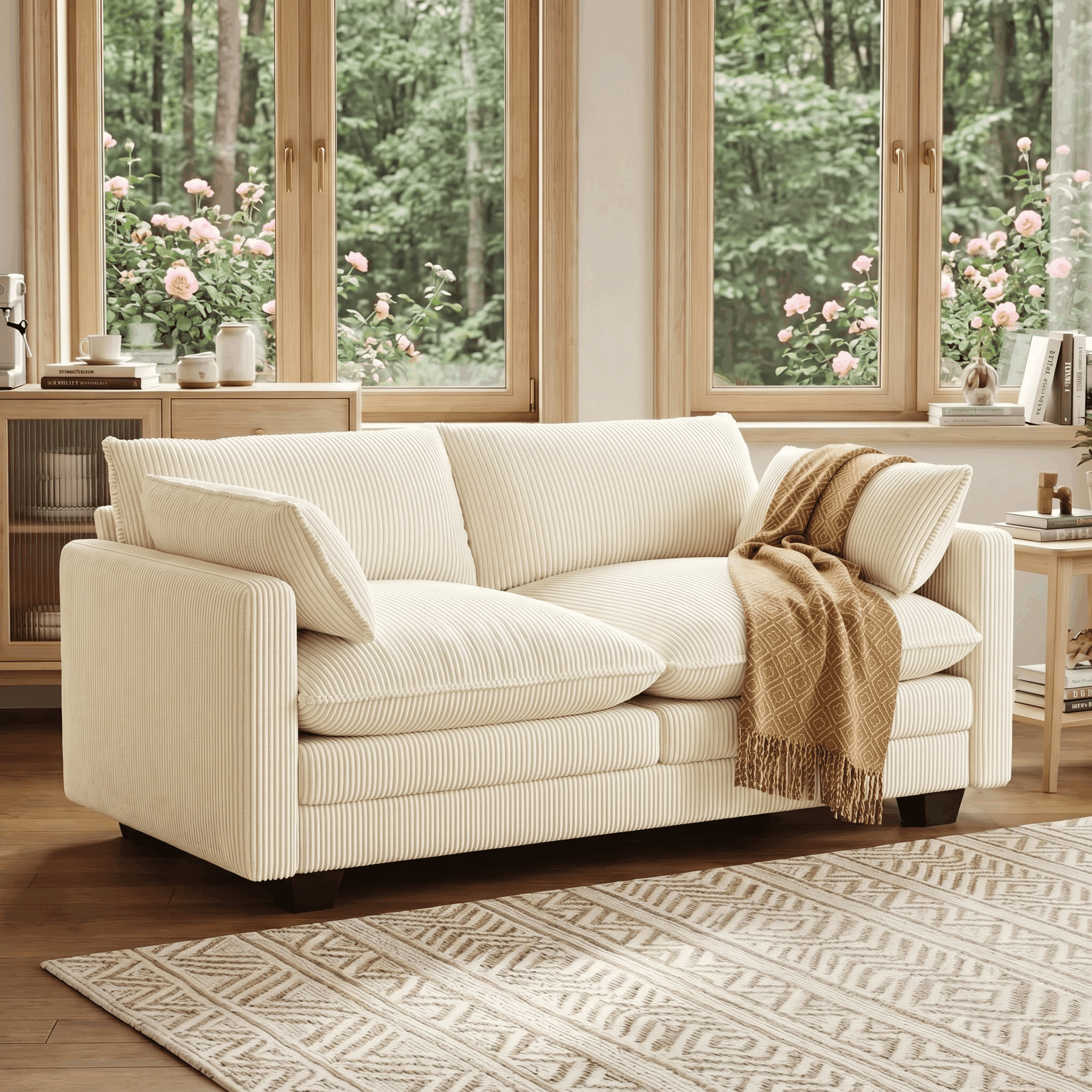 Asofer 75" Loveseat Corduroy Cloud Sofa, Deep Seat 2 Seater with Washable Cushion & 2 Pillows for Living Room Apartment, Beige