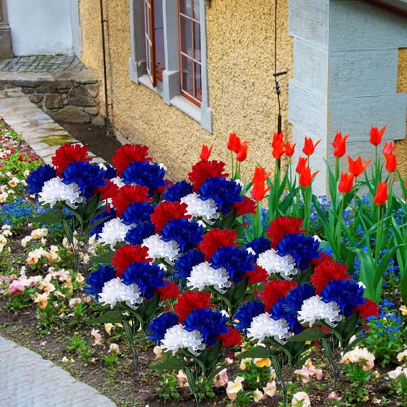 Patriotic Artificial Flower 4th of July Red White Blue Carnation Bouquet UV Resistant Silk Cemetery Floral Stem for Independence Day Memorial Day Outdoor Garden Decor