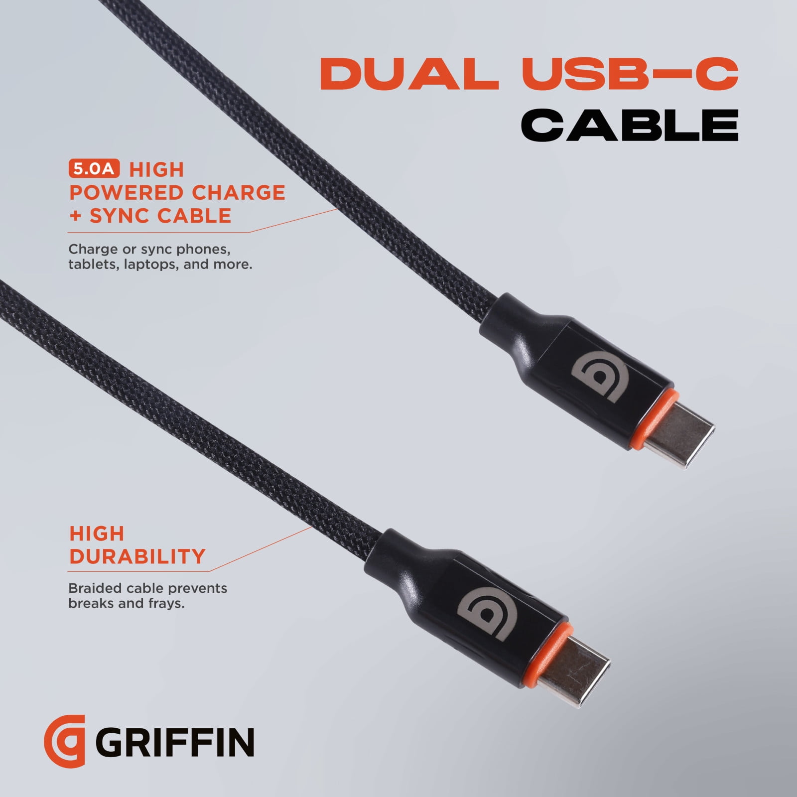 Griffin 10FT High-Powered USB-C to USB-C Charge & Sync Cable - Fast Charging for Laptops, Tablets, Phones, USB-C Cable, Durable Braided Cable, Universal Compatibility, 240W Power Delivery