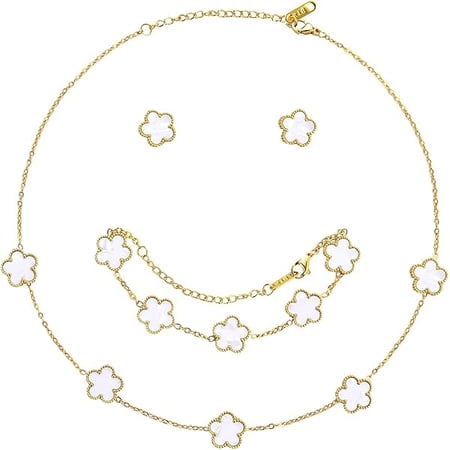 LYH Lucky Clover Jewelry Set - 18K Gold Plated Flower Design Five Leaf Bracelet, Necklace Pendant, Earrings for Women - Lucky Gifts for Mom, Wife, Daughter, Friends