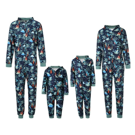 

Matching Christmas Onesies Pajamas Zipper Front Hooded One-Piece Pjs Dinosaur Print Loungewear Sleepwear