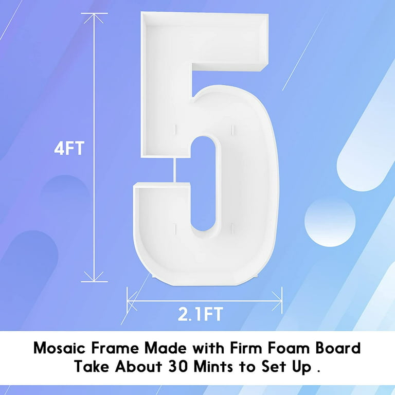 4ft Mosaic Numbers for Balloons Frame - Extra Large MARQUEE Numbers Pre-Cut Kit Thick Foam Board, Mosaic Cardboard Numbers 5, Birthday Backdrop, Party
