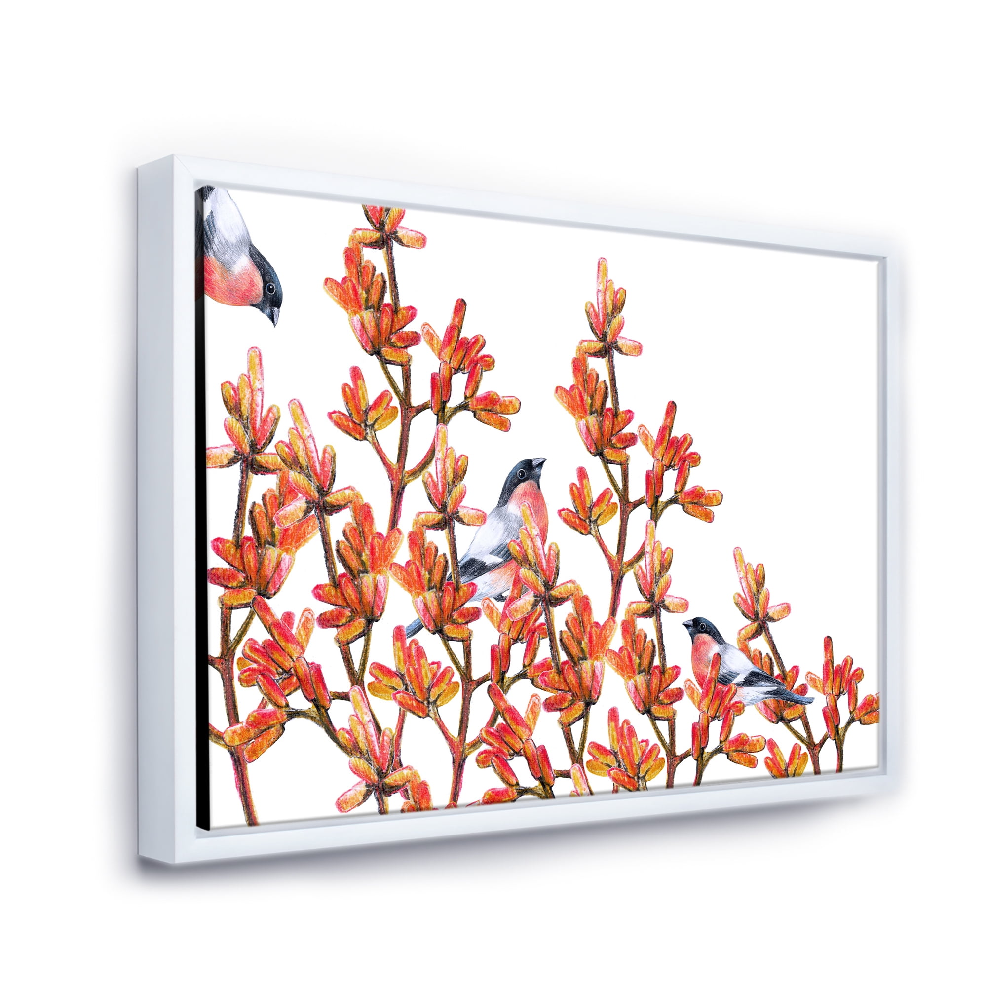 Designart 'Flock of Bullfinches Birds Sitting on Orange Branches' Traditional Framed Canvas Wall Art Print