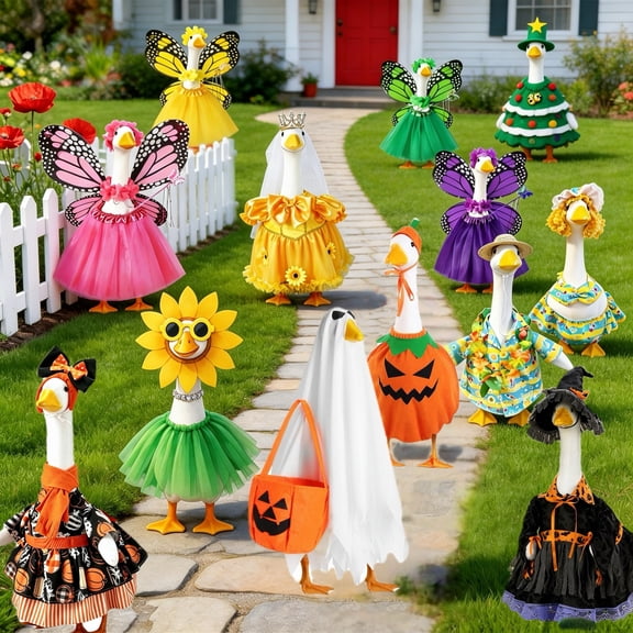 AYktou Porch Geese Outfits - Festival Party Porch Costume Set, 23 Inch Geese Statue Clothes Spring Summer Goose Skirt Easter Decor, Sunflower Hat & Sunglasses & Silk Skirt Patio Garden Decor