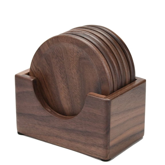 6Pcs Walnut Wood Coasters Placemats Decor Round Heat Drink Mat Home Kitchen Table Tea Coffee Cup Pad,6 x Wood Coasters 1 x storage box,Wood