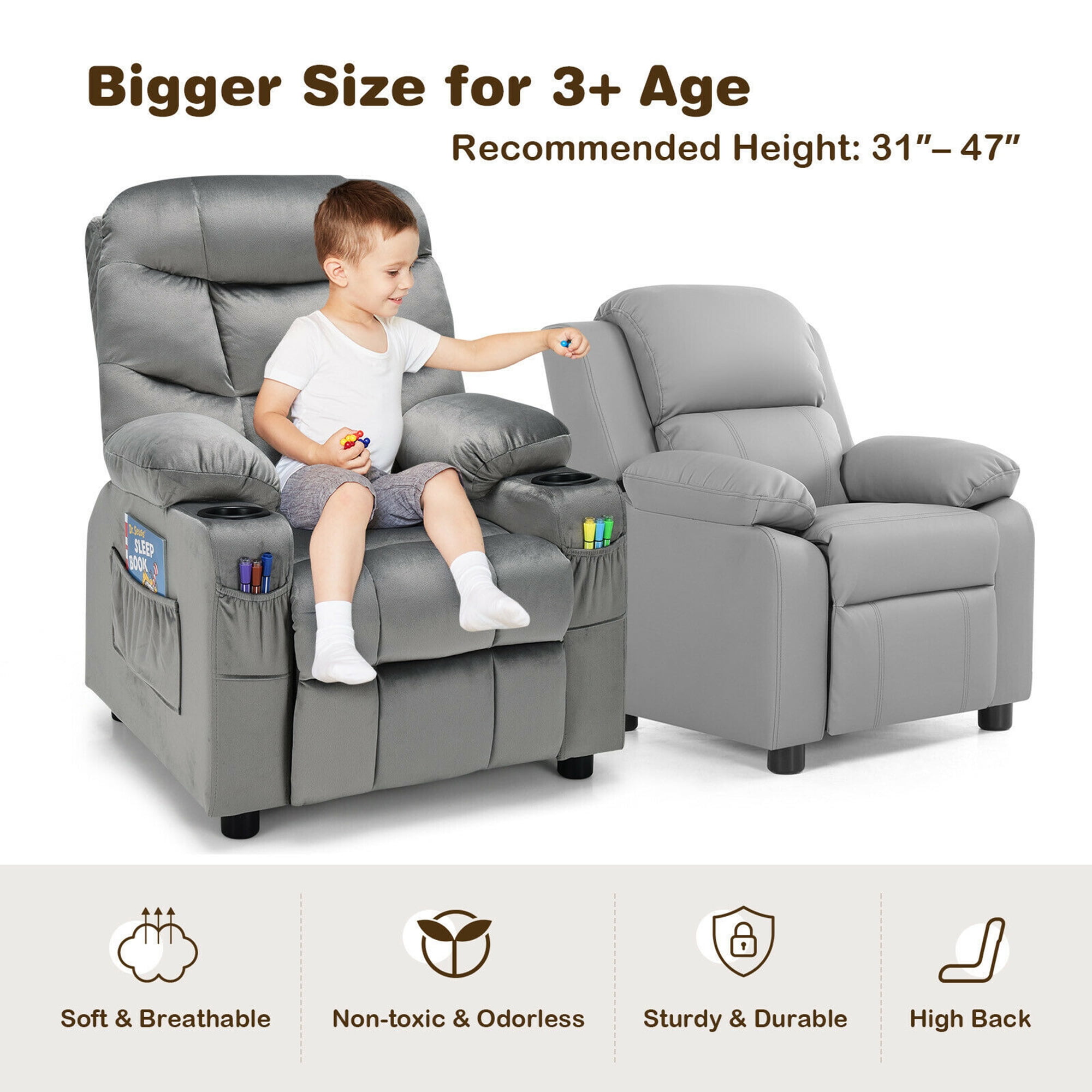 Gymax Kids Youth Recliner Chair Velvet Fabric w/Cup Holder & Side Pocket Grey