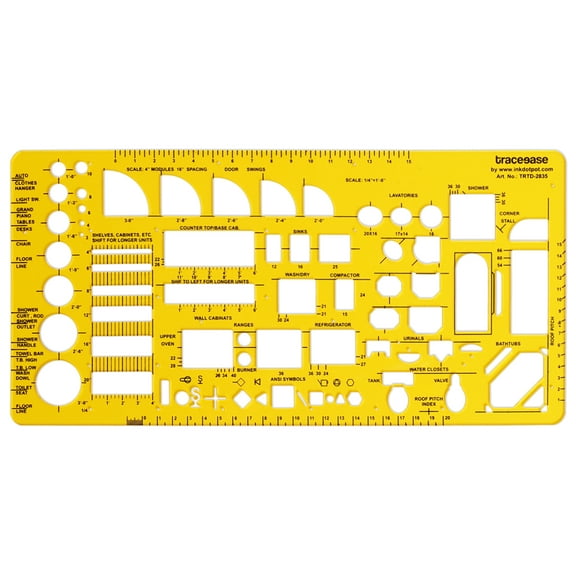 Traceease House Plan Architectural Template, Kitchen & Bath Fixtures Stencil, Designer Drafting Tool, 23.4 x 11.4 cm
