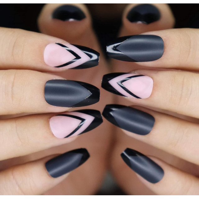 Uñas postizas de longitud media BmatwkZeng Diseño de rayas de arte de uñas acrílicas de ataúd Jersey