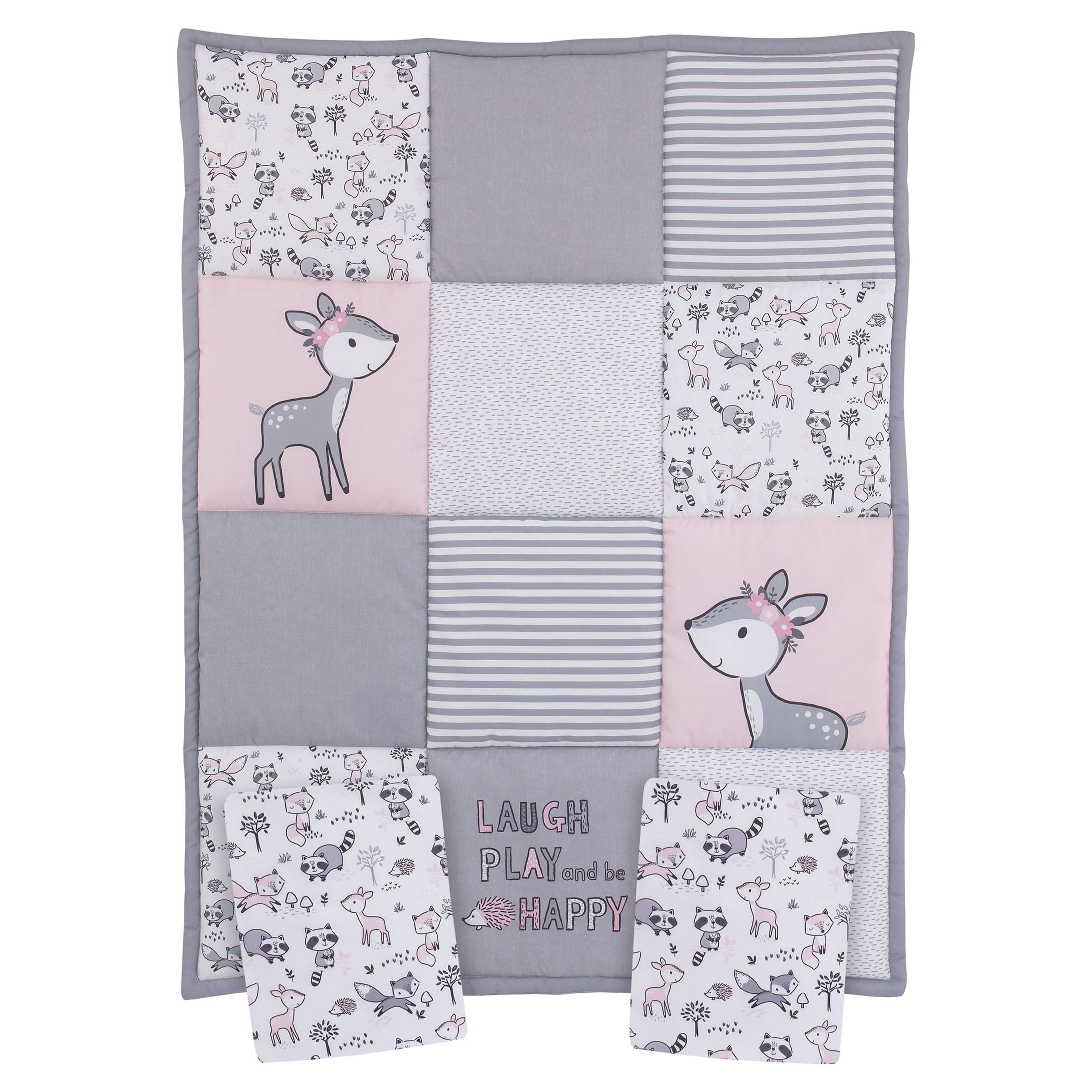 Little Love by NoJo Sweet Deer Grey, Pink 3-Piece Mini Porta Crib Bedding Set, Comforter, 2 Sheets, Girl Infant Nursery