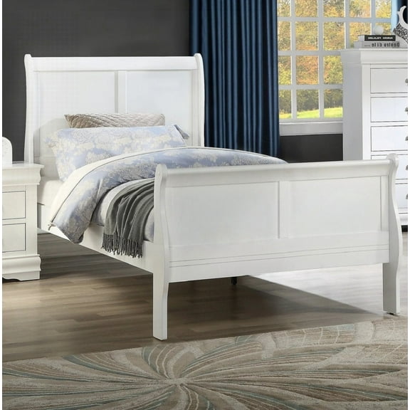 Louis Phillipe Solid Wood Twin Size Bedroom Set - White Finish - Includes Headboard and Footboard with Metal Glides