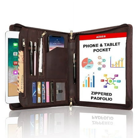 LeatherBelief Leather Portfolio for Men, Zippered Portfolio Folder Case, Leather Professional Padfolio for 12.9inch Tablet, A4 Size Notepad Folio, Stylish Document Organizer, Business Gift, Darkbrown