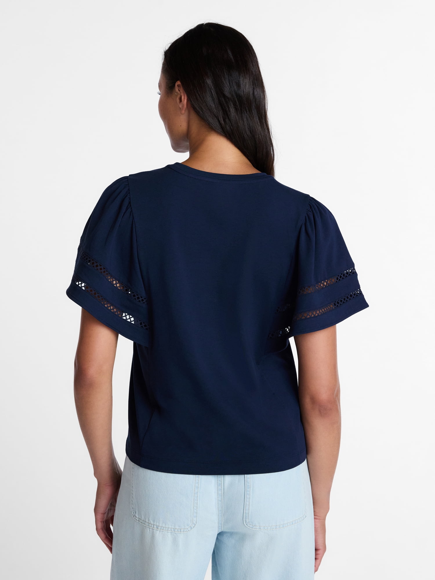 Time and Tru Women’s Crewneck Top with Lace Inset Flounce Sleeves, Sizes XS-XXXL
