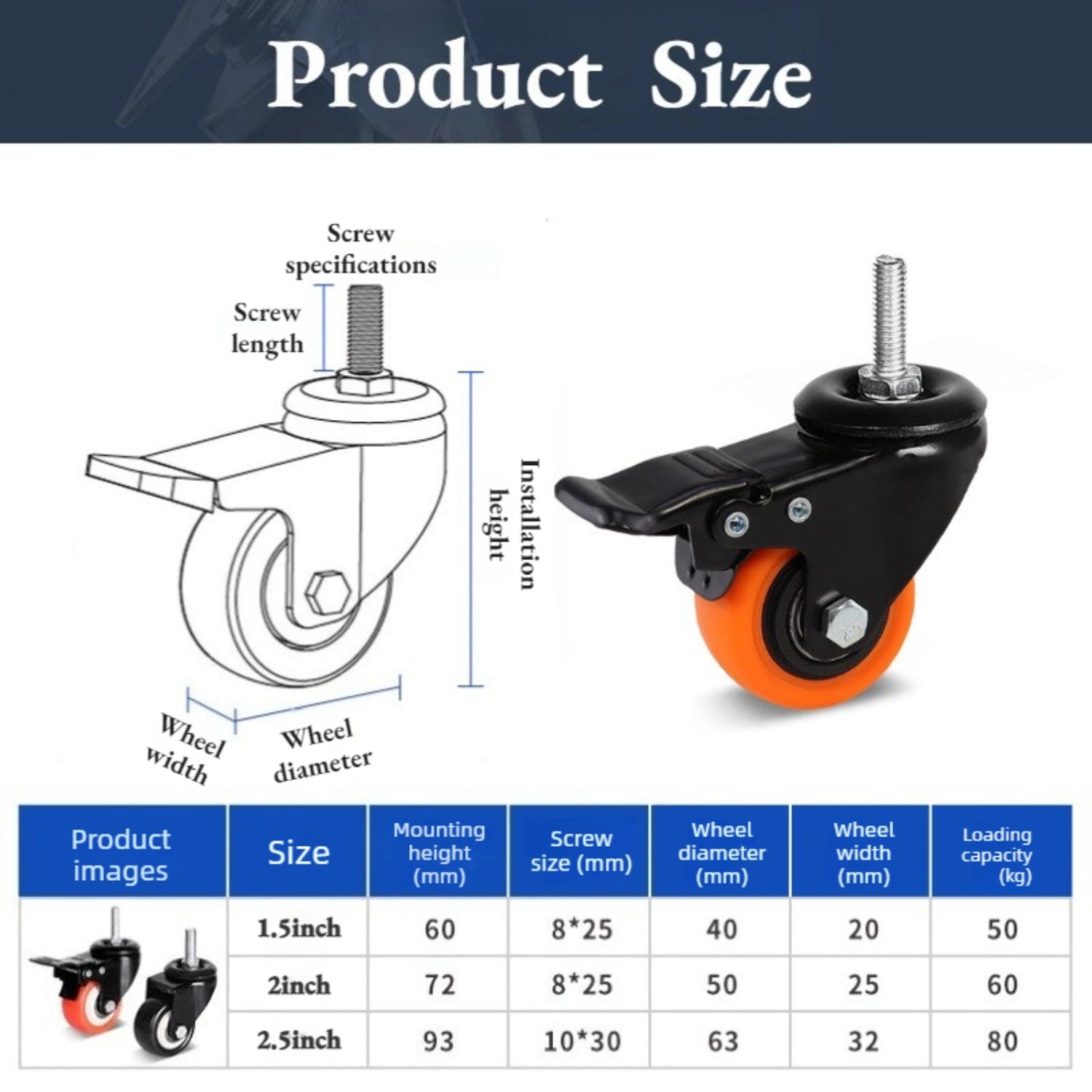 General Set of 4 Heavy-Duty Industrial Stem Caster Wheels with Locking Brake, 1.5/2/2.5" Wide Base for Furniture Carts Workbenches Equipment Replacement, Durable Rolling Casters