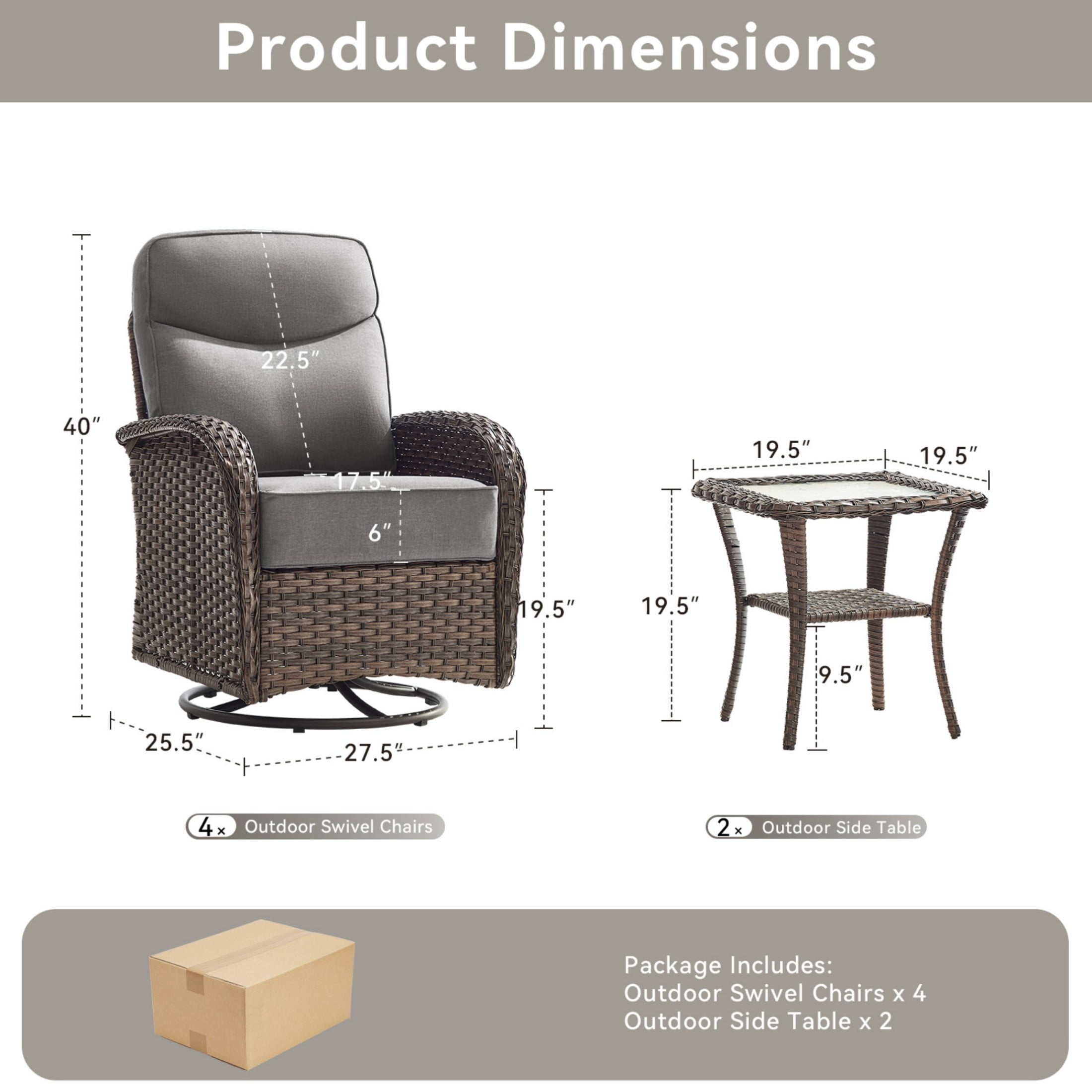 Unnifurnzi Outdoor Swivel Rocker Patio Chairs-6'' Thick Cushions Outdoor Rocking Chairs Set of 4 with Patio Side Table Patio Table and Chairs for Deck Porch Garden Balcony Poolside-Brown/Gray