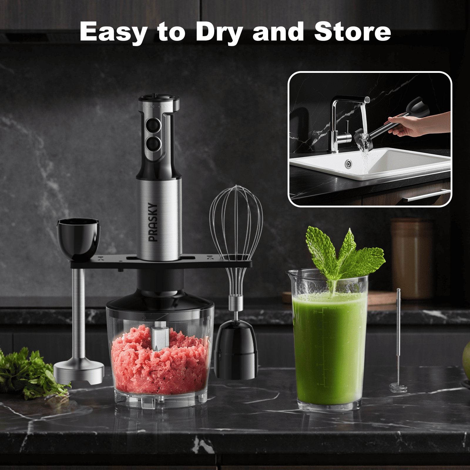 PRASKY Immersion Hand Blender, 6-in-1 Handheld Blender for Kitchen, 20 Speeds Food Processor, Egg Whisk, Milk Frother, Beaker (Black)