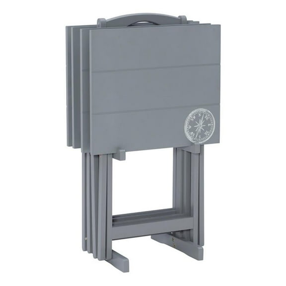 Linon Lorie 5 Piece Tray Table Set Planked Top with Compass Design in Gray Wood