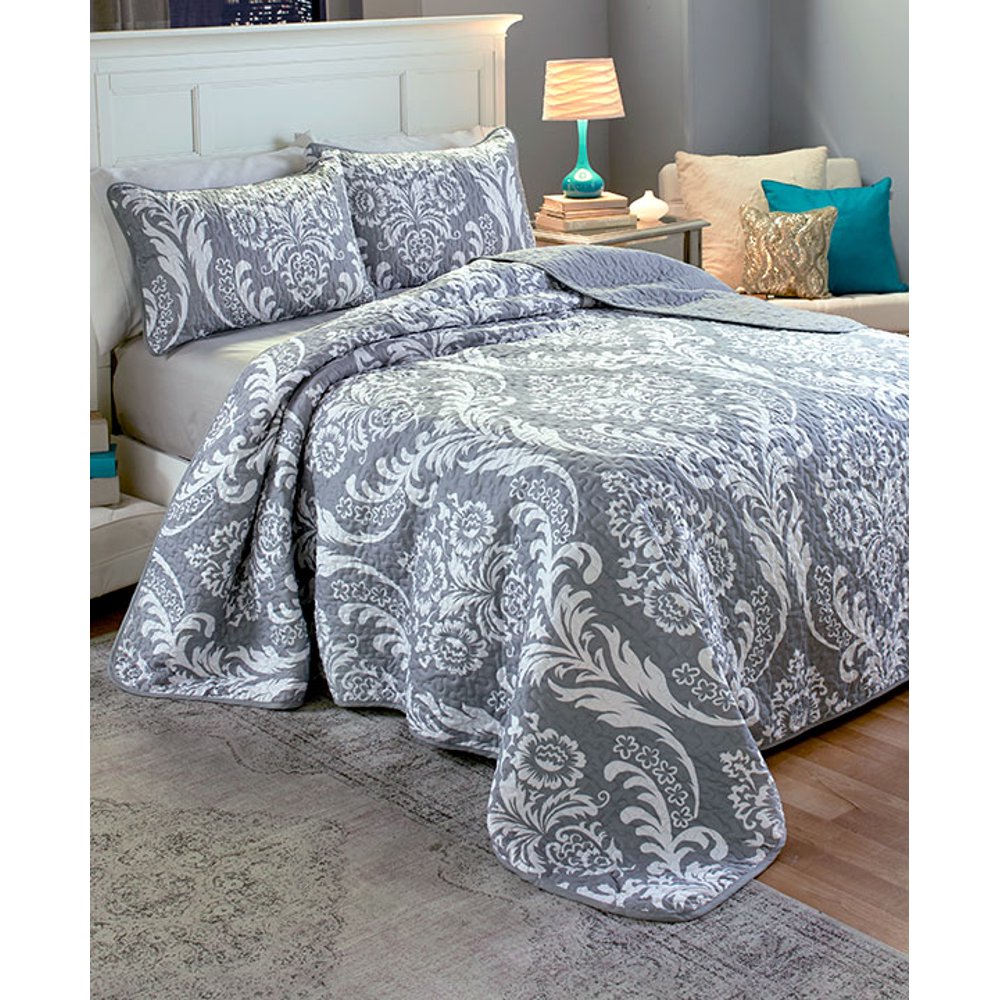 Como Damask Quilt Set , Gray Full/Queen