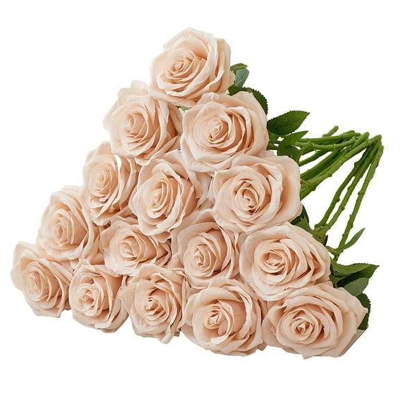 15PCS Artificial Silk Flowers Realistic Roses Bouquet Long Stem for Home Wedding Decoration Party（Champagne Pink）