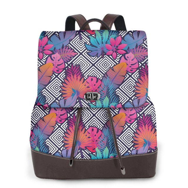 Balery Tropical Leaves Mochila de Cuero para Mujeres, Gran Capacidad, Bolsa de Viaje Multifuncional, Mochila de Cuero y Bolsa de Hombro para Mujeres