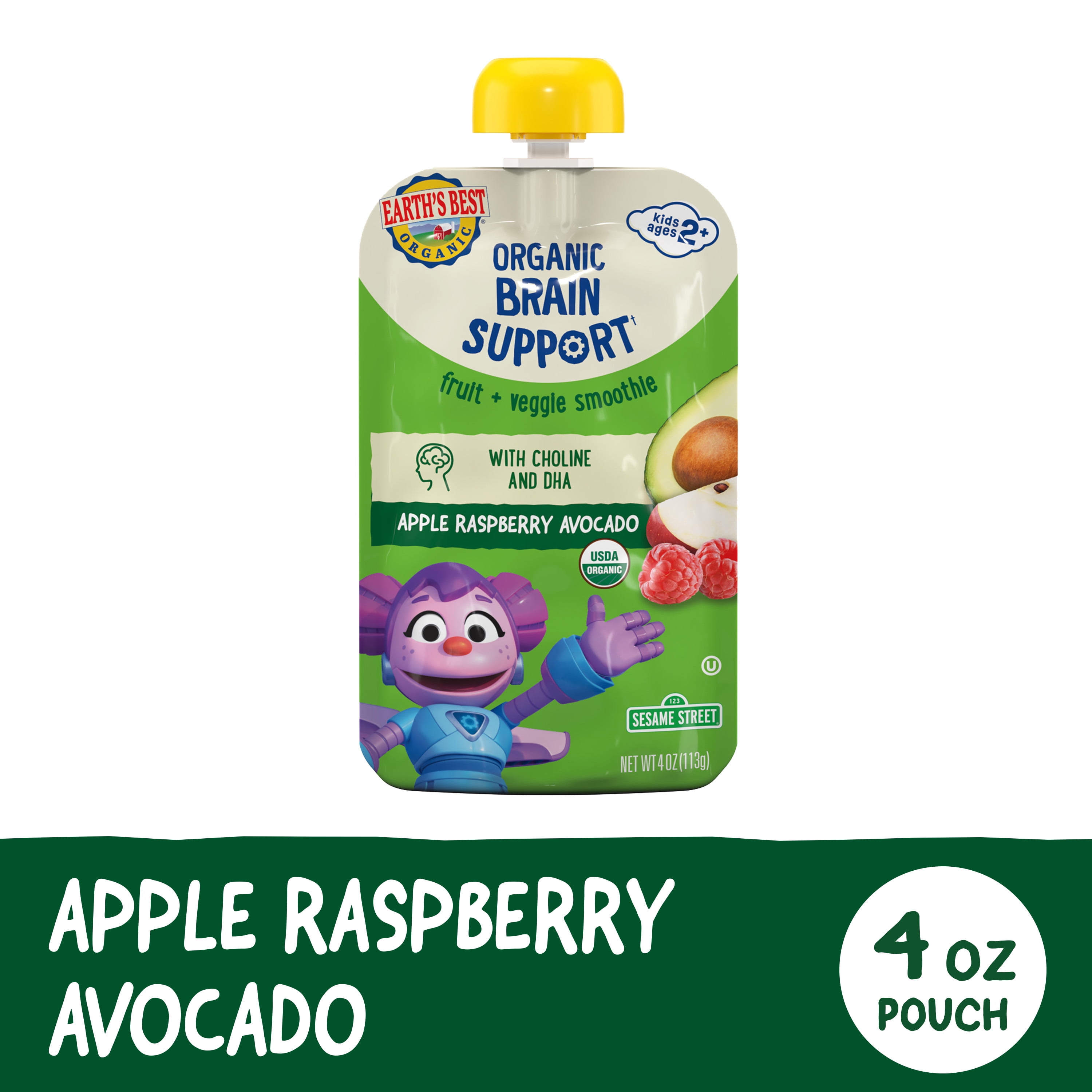 (3 pack) Earth's Best Organic Brain Support Toddler Food, Apple Raspberry Avocado Smoothie, 4 oz Pouch