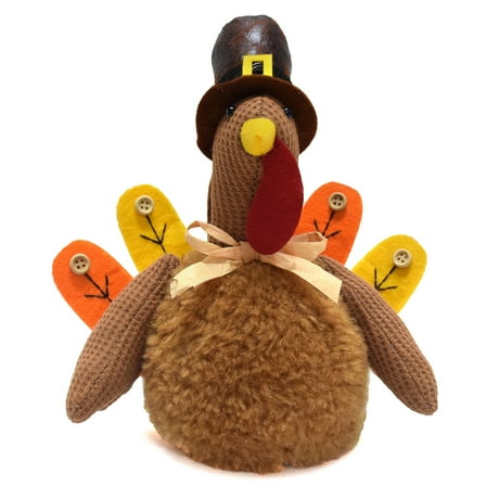 7.48" Thanksgiving Plush Turkey Decor - Handmade Stuffed Turkey with Hat, Fall Tabletop Decoration for Indoor Home Party, Autumn Harvest Ornament (Brown)