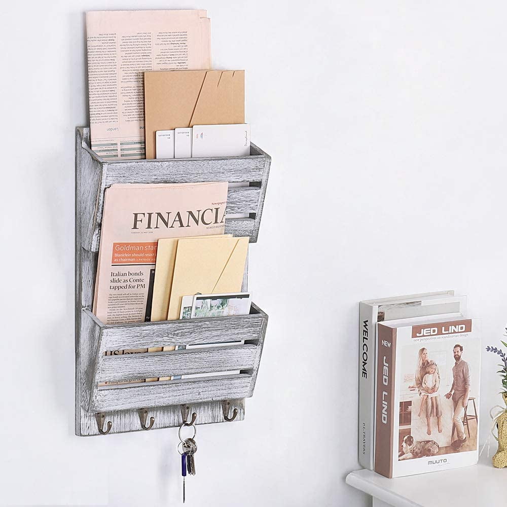 Wall Mounted Wood Mail Holder with 4 Hooks