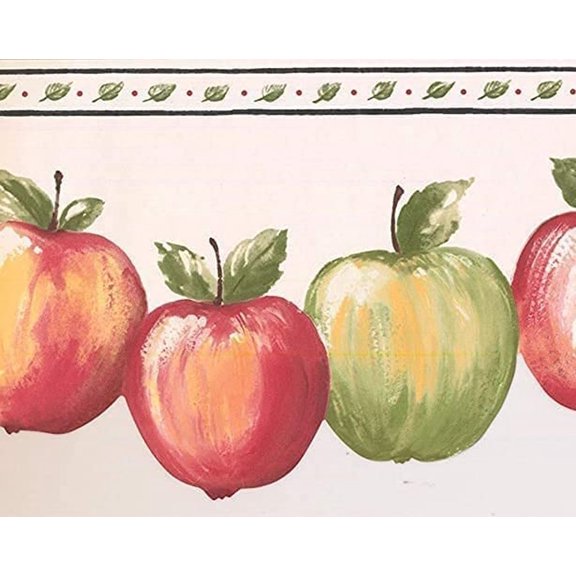 Concord Wallcoverings Wallpaper Border Kitchen Pattern Apples for Dining Area Kitchen Farm Store, Red Green Yellow White, 6.25 Inches by 15 Feet BP007154B