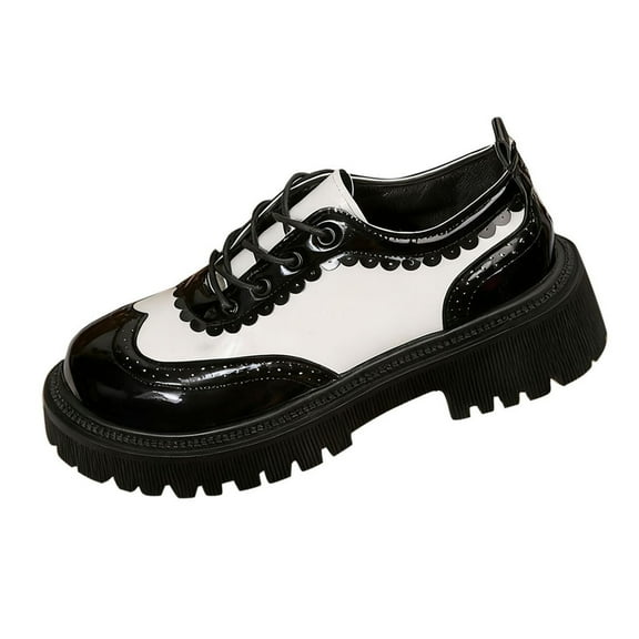 Wensltd Women Retro Round Toe Color Block Lace-Up Chunky Heel Loafers Mid Heel Fashion Casual Shoe Trendy