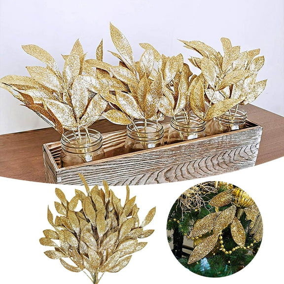 Gold Glittered Artificial Leaf Spray Picks 10PCS Fake Floral Branches for Christmas Tree DIY Decor Xmas Wreath Garland Vase Fillers Winter Wedding Centerpieces Table Decorations