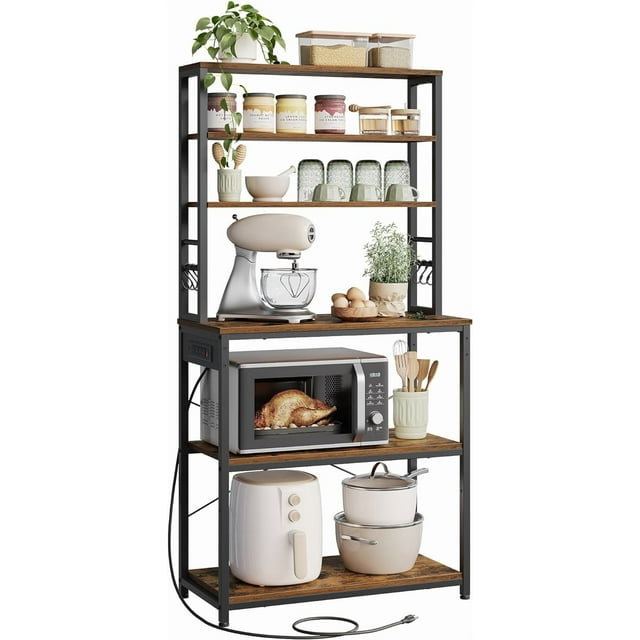 VASAGLE Bakers Rack with Power Outlet, 31.5 Inches Coffee Bar for Kitchen Storage, 6-Tier Kitchen Shelves with 6 Hooks, Microwave Stand, Rustic Brown and Black