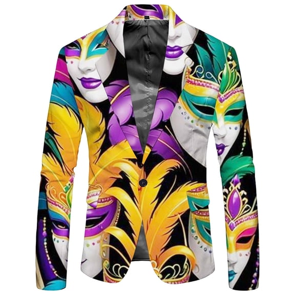 Telankuip Men's Mardi Gras Colorful Print Suit Jacket Fashion One Button Slim Fit Long Sleeve Coat Casual Lightweight Comfy Blazers for Carnival Holiday Party Events 2026 9-Yellow XL