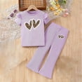 thumbnail image 2 of vigerkar Girl's 2 Piece Outfits Print Clothing Set Cute Hearts Graphic Tee and Flare Bell Bottom Pants 2-8 Years (Purple, 3-4 Years), 2 of 4