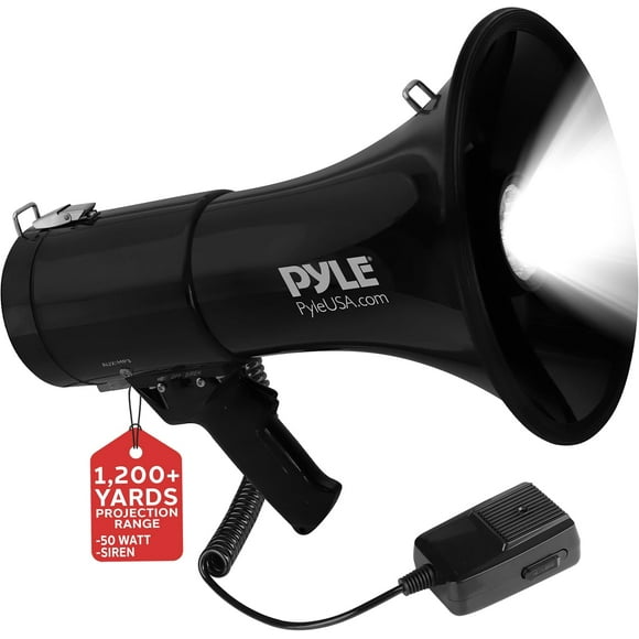 Megáfono Altavoz Portátil 50W Pyle, Luz LED Integrada, Alcanza 1,100 Metros para Uso Interior/Exterior, Sirena y Volumen Ajustable, Ideal para Animación, Entrenadores o Ejercicios de Seguridad