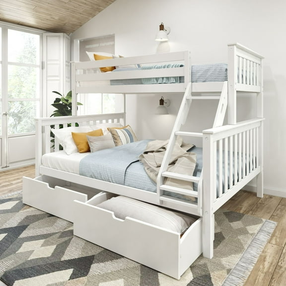 Plank Beam Solid Wood Bunk Bed, Twin XL-Over-Queen Bed Frame with Storage Drawers, White