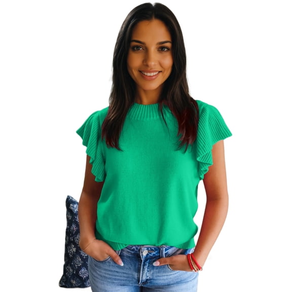 Women's Bright Green Ruffle Short Sleeve Sweater – Casual Summer Style for Daily Wear, XL