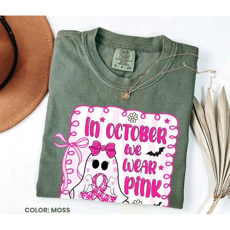 Comfort Colors Breast Cancer Awareness Shirt – In October We Wear Pink, Coquette Halloween Pink Ghost Tee, Preppy Pink Ribbon Support T-Shirt