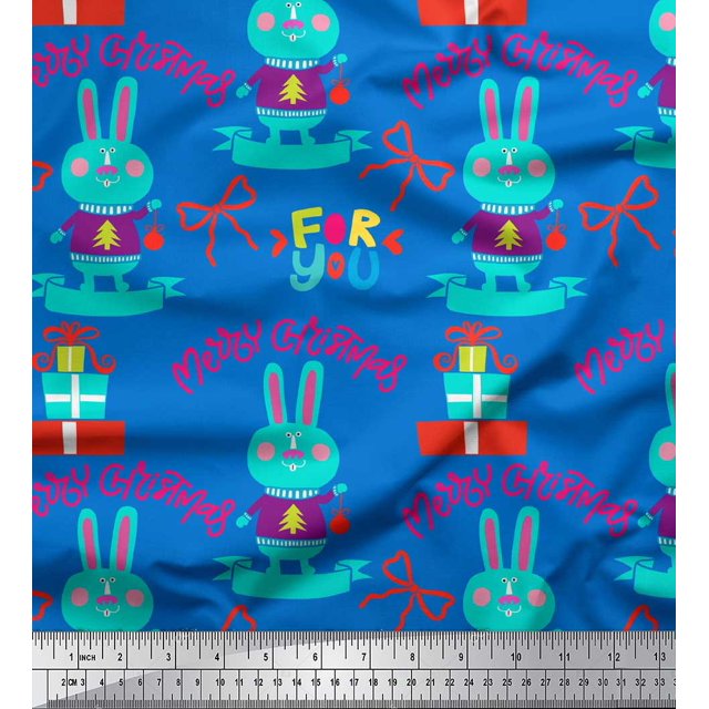 Soimoi Blue Rayon Fabric Text & Bunny Kids Decor Fabric Printed Yard 56 Inch Wide