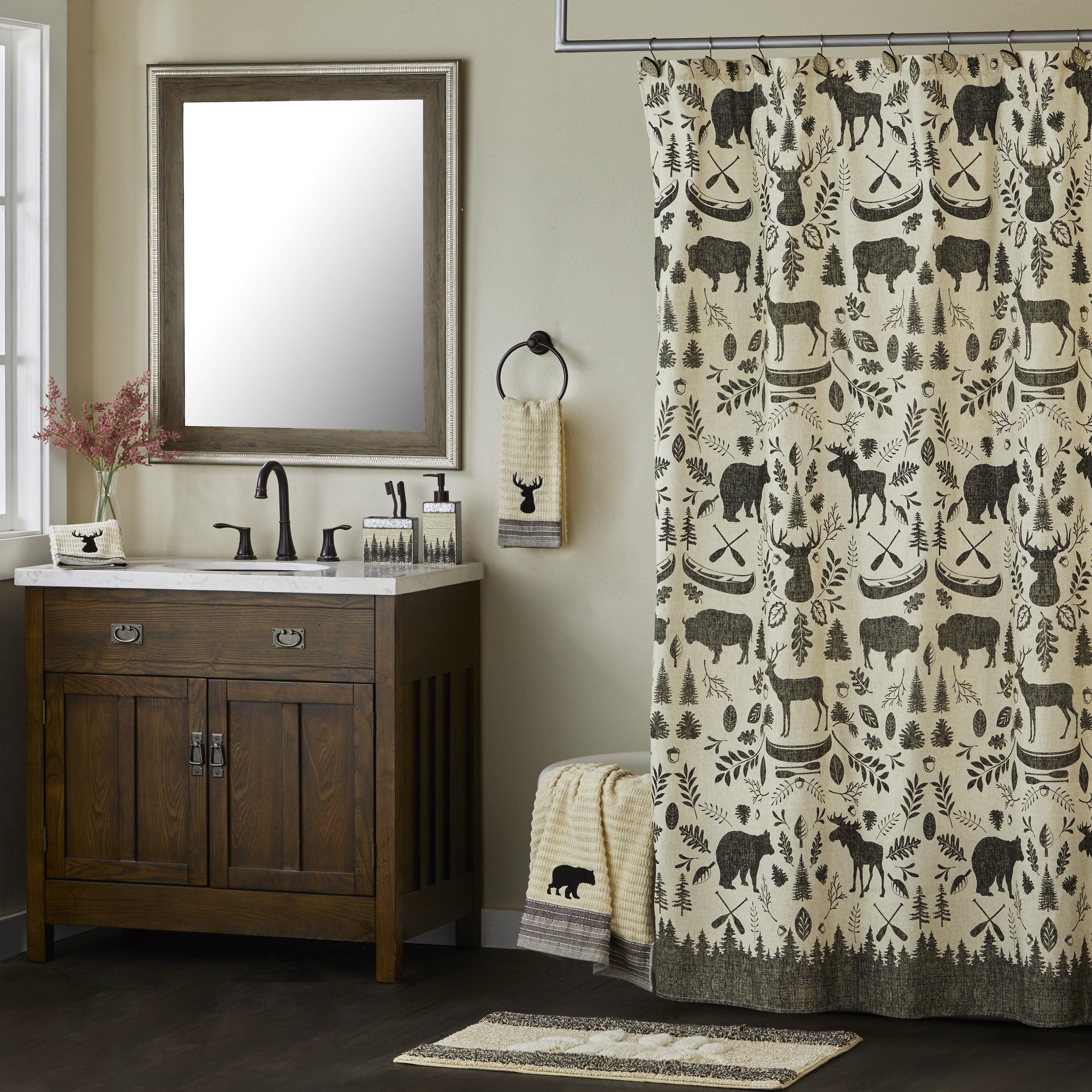 Modern Rustic,70"x72-NEW Cabin Pine Wildlife Lodge Forest Fabric Shower Curtain 