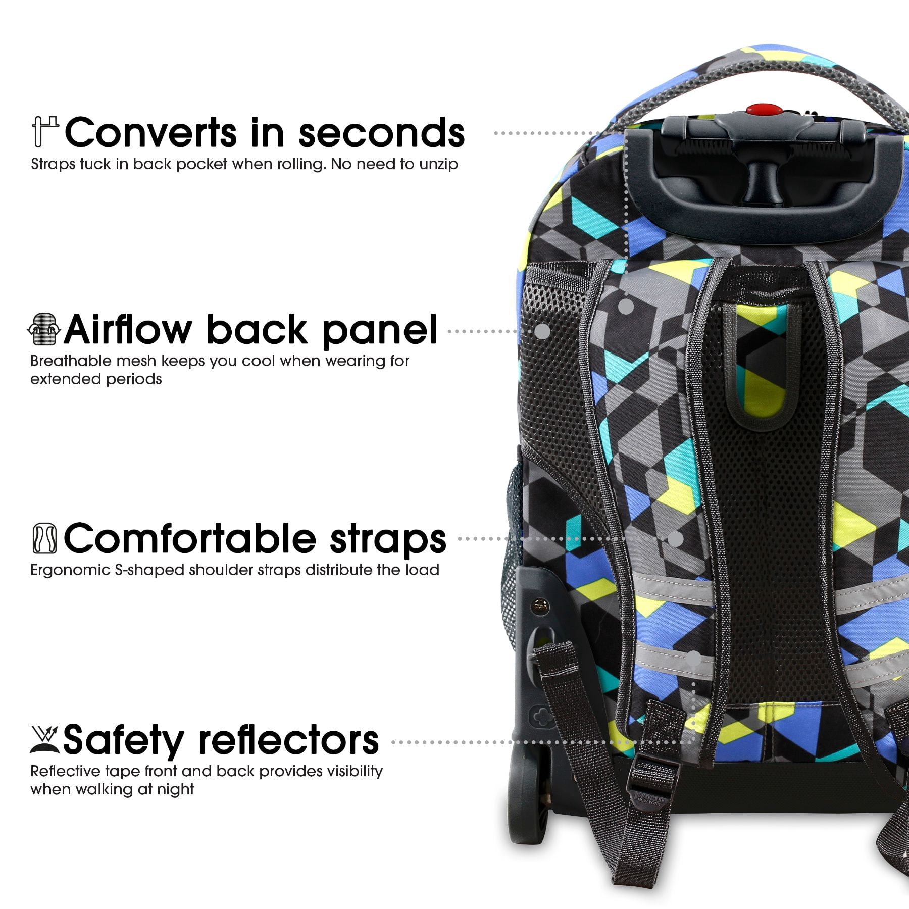 J World Boys and Girls Sunrise 18" Rolling Backpack for School and Travel, Cubes