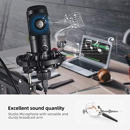 USB Condenser Microphone Bundle Kit,192KHZ/24BIT Professional Cardioid Computer Mic with Adjustable Scissor Arm Stand Shock Mount and Gain Knob for Recording,for Podcasting,Gaming,YouTube (Black)