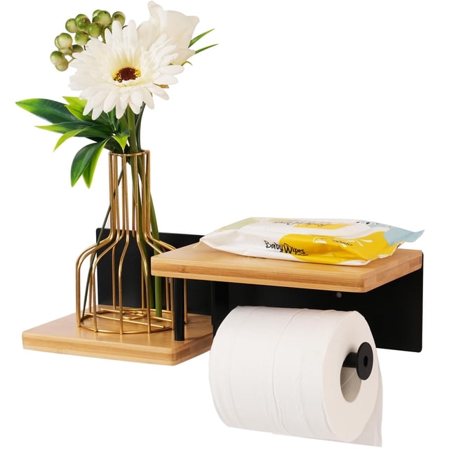 Soporte de papel higiénico Aurovive de madera con estante para teléfono de bambú