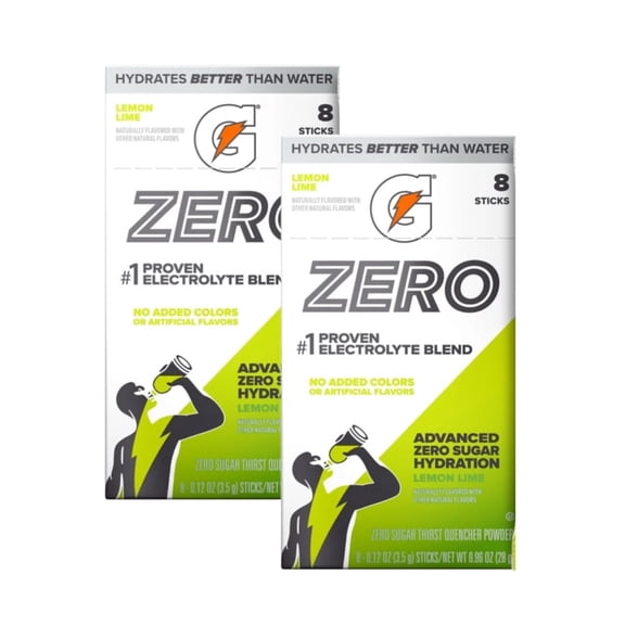 Gatorade Zero Sugar Lemon Lime, On the Go Packs, Electrolyte Powder Drink Mix, 0.12 oz, 8 Sticks (2 Pack)
