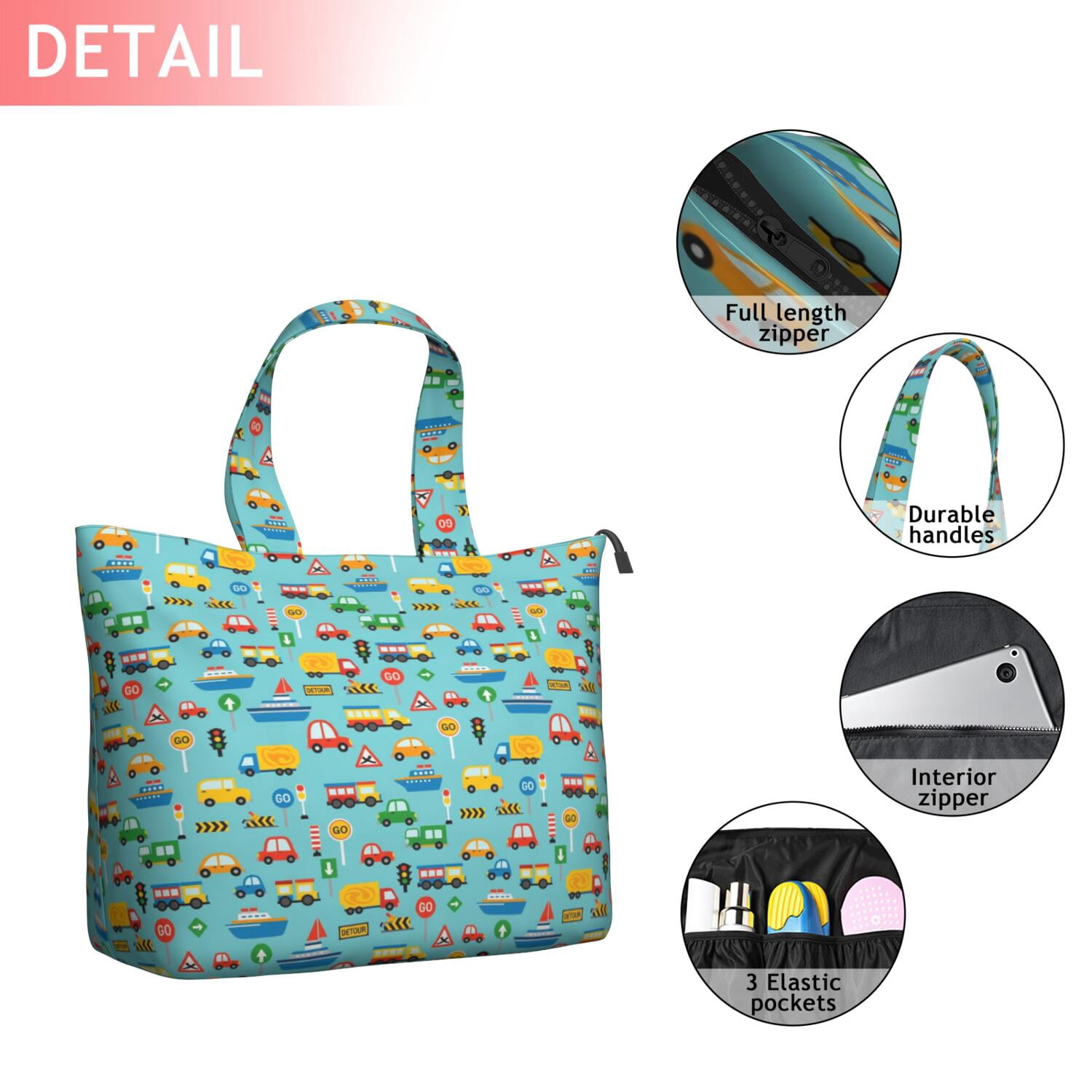 Cartoon Traffic Vehicles Boats Light Blue Pattern Travel Tote Bags for Women Carry On,Large Weekender Bags for Women Travel,Multi Functional Duffle Bag for Work,Shopping,Sports