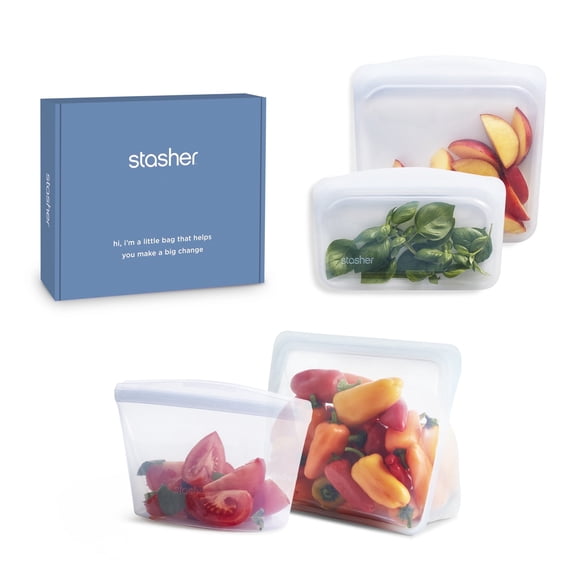 Stasher Premium Silicone Reusable Food Storage Container Starter Kit, Pinch Loc Seal, BPA Free, Dishwasher Safe/Leak Free, Clear, 4 Pack Bags
