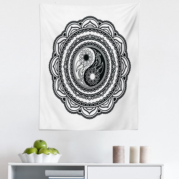 Black and White Tapestry, Tattoo Style Mandala with Sunflowers and Yin Yang Shape, Fabric Wall Hanging Decor for Bedroom Living Room Dorm, 5 Sizes, White and Black, by Ambesonne