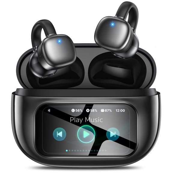 Open-Ear Headphones, Wireless Clip On Earbuds with Touch Screen Charging Case 60H Playtime, Bluetooth 6.0, IPX7 Waterproof, Lightweight Comfort, Stable Fit, Open-Ear Safety Design for Workout/Running